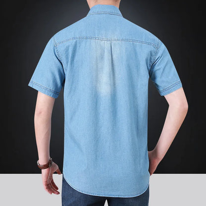 sanyamk Summer New Simple Polo Collar Men Denim Short Sleeve Shirt Comfortable Thin Mens Top Casual Loose Male Shirts