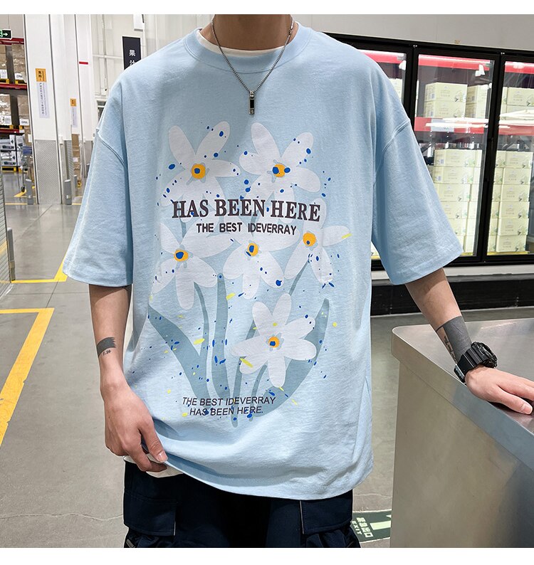 Bonsir Letter Flowers Print Summer Men Clothing Fashion Casual Harajuku Short Sleeve Tshirt XL 2XL Oversized Teenagers Streetwear