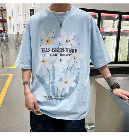 Bonsir Letter Flowers Print Summer Men Clothing Fashion Casual Harajuku Short Sleeve Tshirt XL 2XL Oversized Teenagers Streetwear