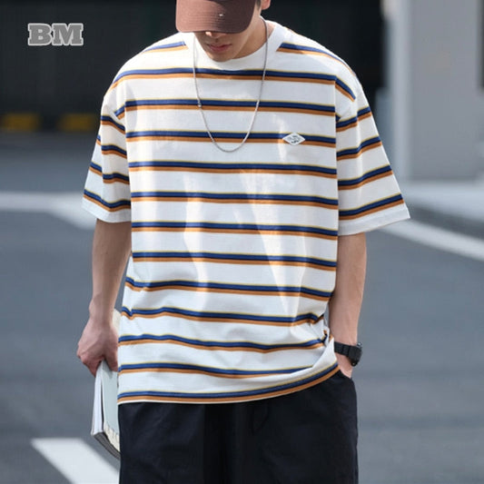 Bonsir Summer Japanese Streetwear Striped T Shirt Men Clothing Harajuku Casual High Quality Short Sleeve Tee Korean Trendy Tops For Boy