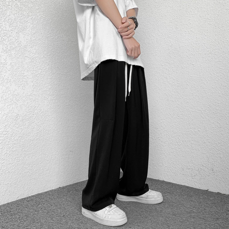 Bonsir Korean-style Baggy Casual Wide-leg Pants Male Summer Ice Silk Thin Fashion Loose Drawstring Harem Pants Streetwear Trousers