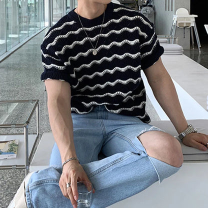 sanyamk Trendy Striped Jacquard Mens T Shirts Knitted O Neck Short Sleeve Hollow Out Knit T-shirts Summer Fashion Slim Men Knitted Tees