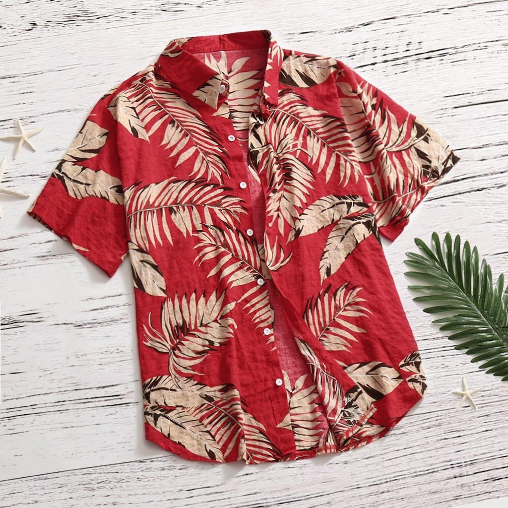 sanyamk Hawaiian Shirts Red Tropical Shirts Floral Men Dazn Tops Summer Casual Short Sleeve Button Shirt Chemise Loose Vacation Beach