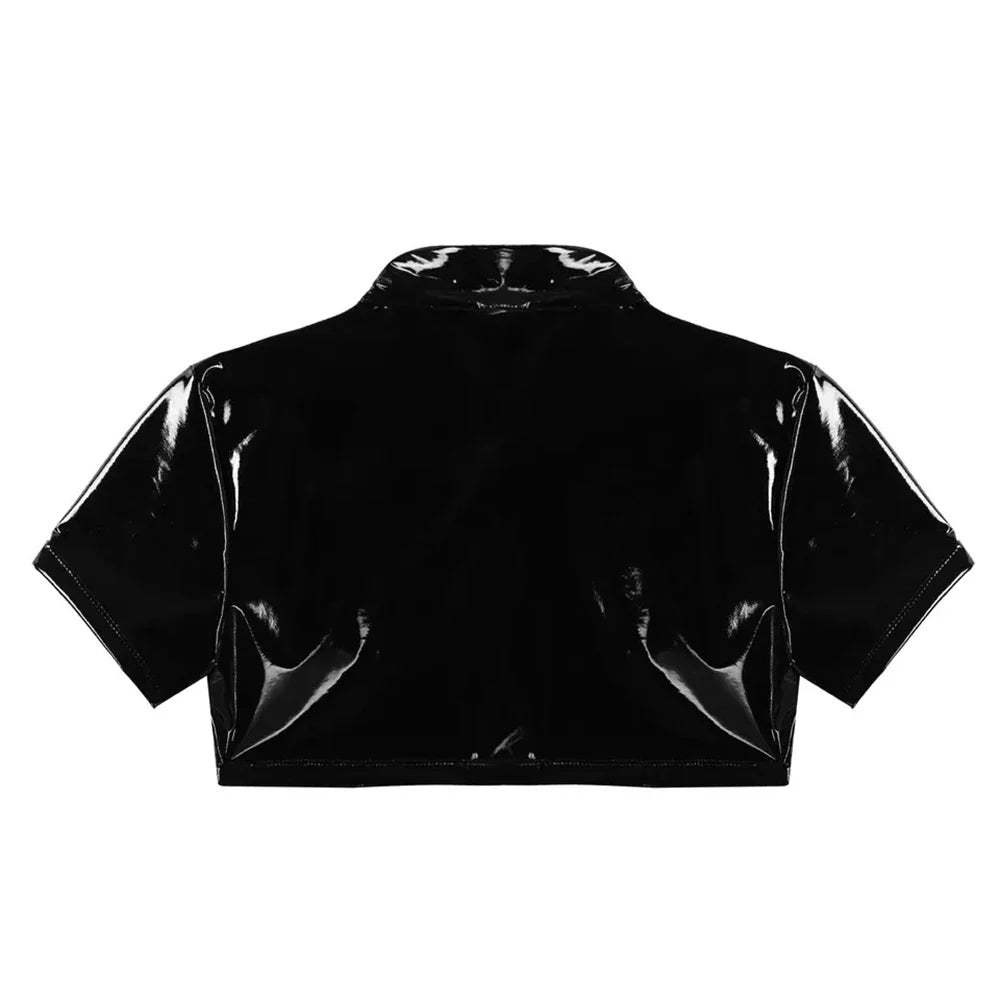 sanyamk Mens Sexy Glossy Leather Short-sleeved Shirt Erotic Shaping Sheath Latex Tops Casual T-shirts Shiny Short Leather Jacket Sexi