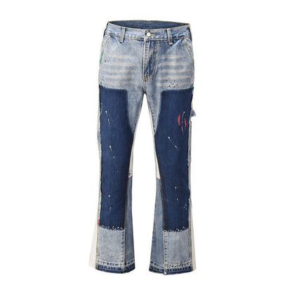 Bonsir High Street Splash Ink Patchwork Stitching Jeans Men Fashion Multiple Pockets Econstructed Flared Denim Pants Male