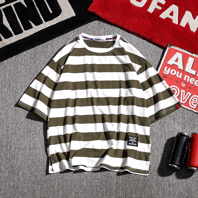 Bonsir New stripe Mens T Shirt Cotton  Summer  Male Oversized Tee Shirts 5XL Big Size Japanese Harajuku street Fashion Clothing