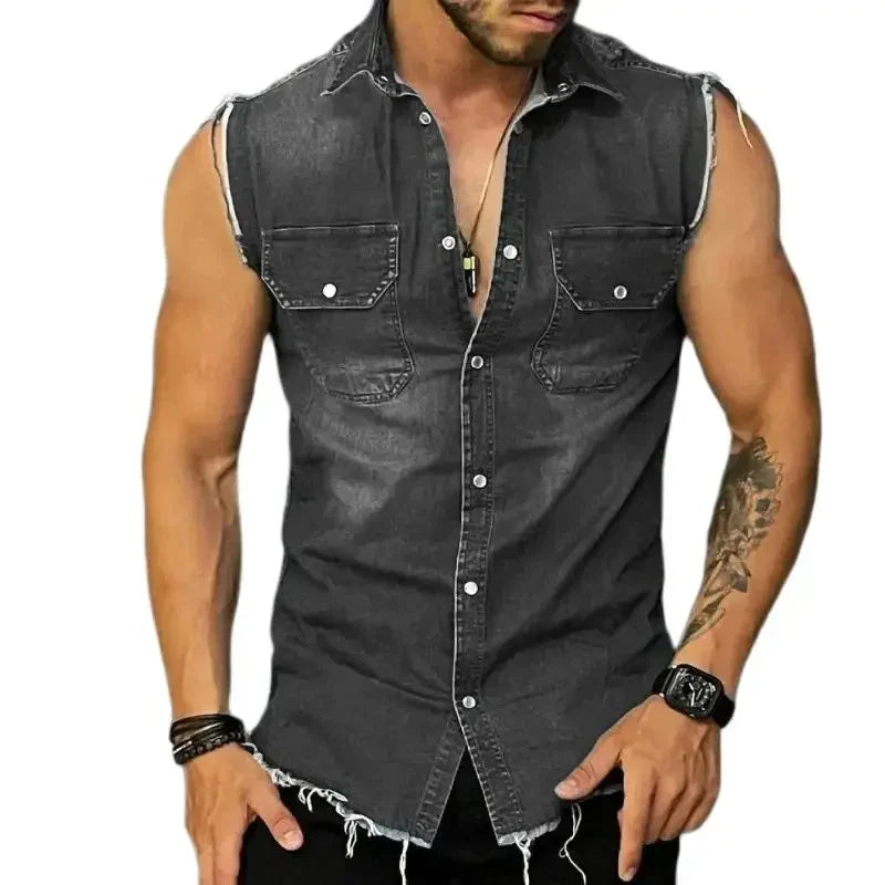 sanyamk Streetwear Mens Fashion Denim Vest Shirts Turn-down Collar Button-up Sleeveless Denim Tank Tops For Men Spring Summer Jean Vest