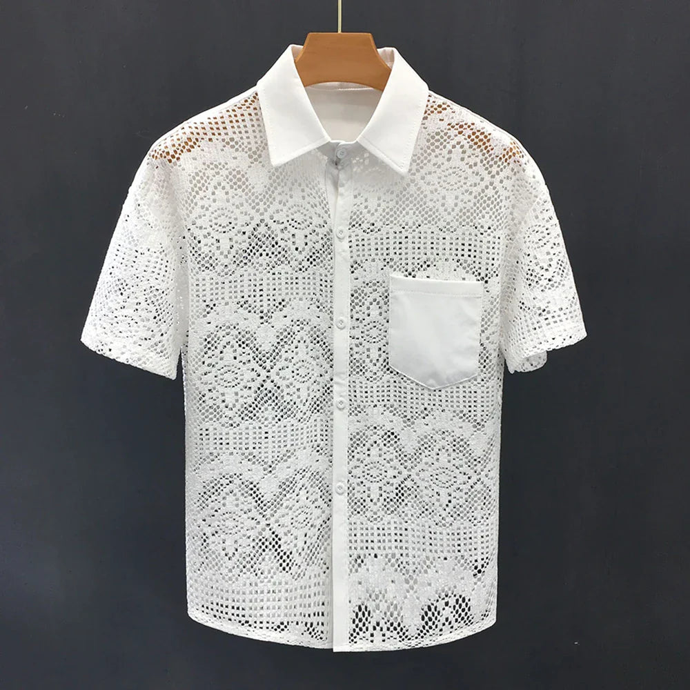 sanyamk Mens Hollow Sexy Lace Short Sleeve Casual Shirt See-Through 2024 New Genderless Fashion Versatile Youth Trend Retro Shirt Unisex