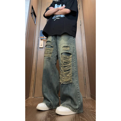 sanyamk Spring Summer Vintage Streetwear Ripped Hole Jeans Men Women Harajuku Aesthetic Wide Leg Denim Trousers Unisex Straight Pants