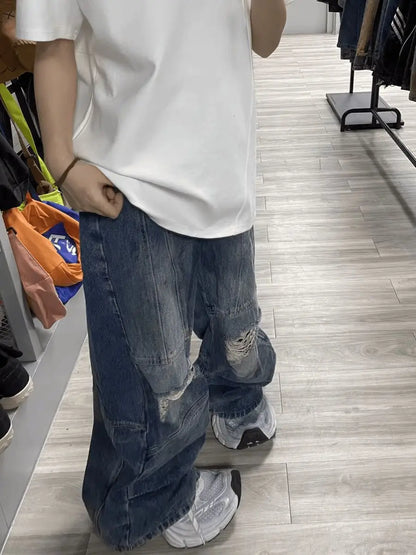 sanyamk Autumn High Street Retro Men and Women Trendy Personalized Straight Tube Washed Jeans Couple Loose Hip Hop Wide Leg Casual Pants