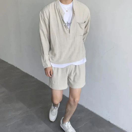 sanyamk Korean Fashion Summer Clothes Men 2 Piece Set Solid Hip Hop V-neck Tops Shorts Streetwear Short Pants Outfits Casual Outer Sets