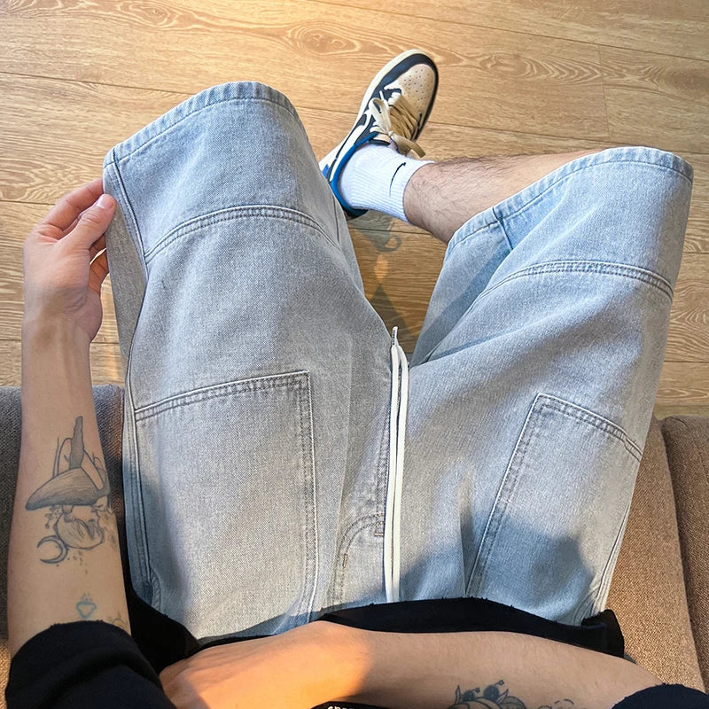 sanyamk Summer New High Street Casual Versatile Denim Capris Elastic Waist Men's Korean Style Loose Wide Leg Large Pocket Shorts