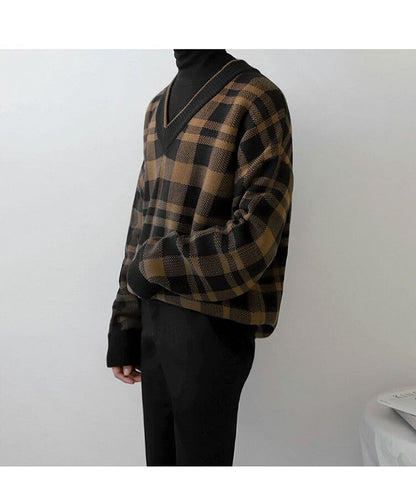 sanyamk Korean Fashion Vintage V-neck Plaid Sweater Male Autumn and Winter Casual Loose Men's V-neck Knitted Sweater for Men Pullover