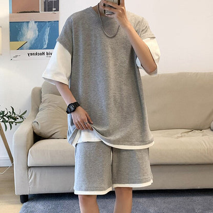 sanyamk Summer Fashion Patchwork Color Fake-2Pieces Sport Men's Sets Simple Loose Casual Tee Shirt+Shorts Homme 5XL-M White/Black/Gray