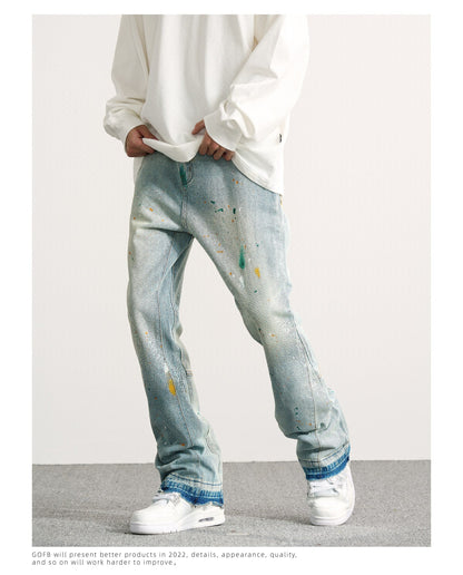 sanyamk High Street Wide Jeans Graffiti Micro Horn Jeans Vintage Hip Hop Denim Flared Pants Men Fashion Speckle Ink Wide Leg Washed Jean