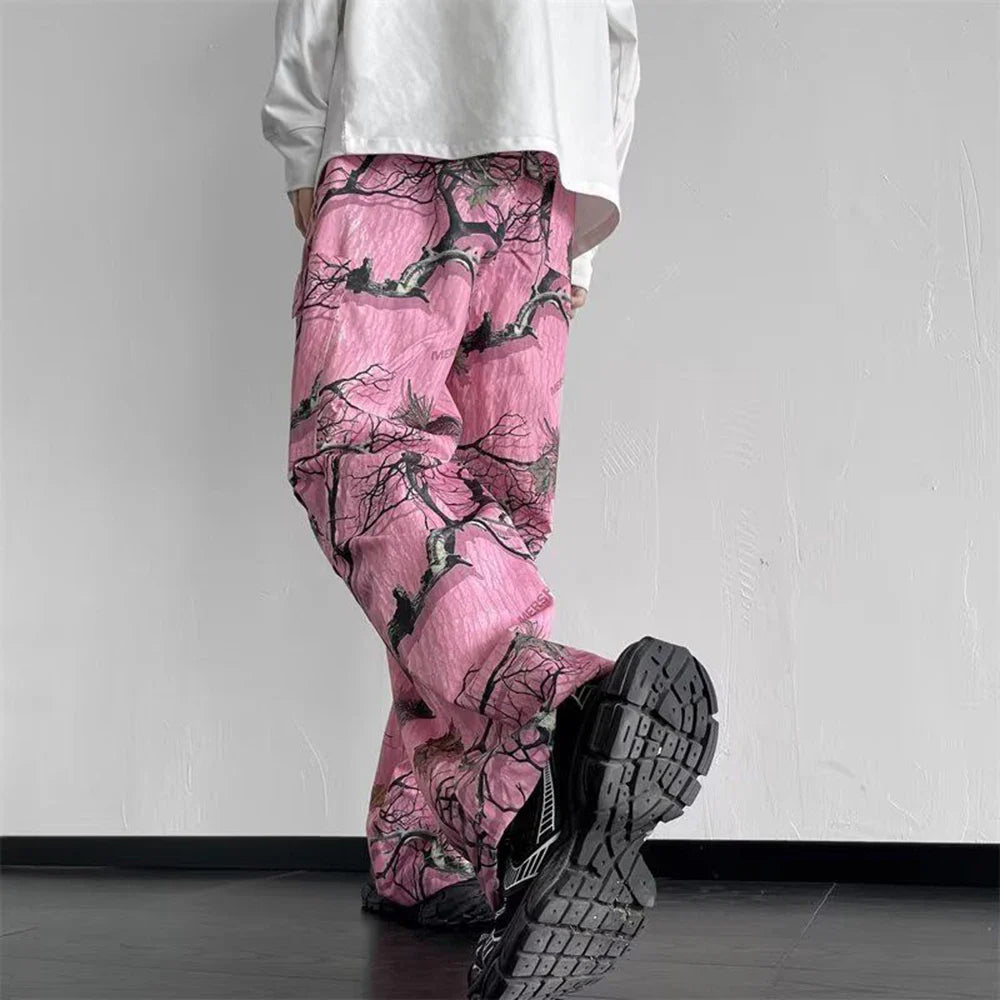 sanyamk Mens Y2k Tree Branch Graffiti Casual Pants 2024 New Genderless Fashion Loose Street Individuality Wide Leg Cargo Pants Unisex