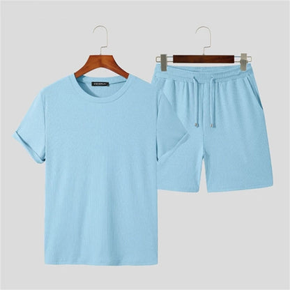 sanyamk Spring Summer Solid Color Casual Ribbed Two Piece Set Men Fashion Short Sleeve O Neck T-shirt And Shorts Suits Mens Clothes