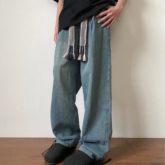 sanyamk  -  New Fashion Men Jeans Vintage Hip Hop Denim Pants Ethnic Pattern Drawstring Male Straight Loose Streetwear Baggy Cowboy Trousers