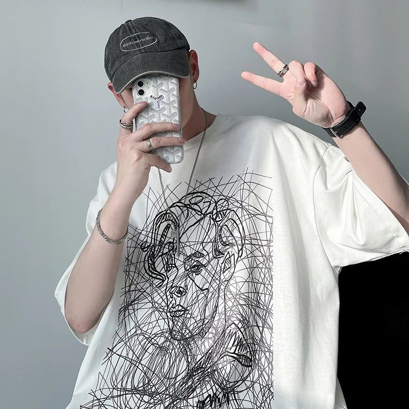 Bonsir Couple Large Size Loose Abstract Thread Character Short Sleeve T-Shirt Men's High Street Hip Hop Cotton White T-Shirt Top M-5XL