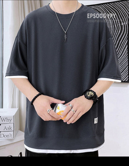 sanyamk Casual Men's Waffle Short-Sleeved T-Shirt Men's 2022 Summer New Simple Loose T-Shirt Fashion Round Neck Quick-Drying Men's Top