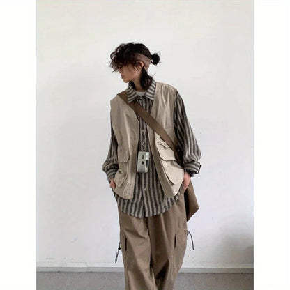 sanyamk Spring New Japanese Set Mens Fake Two Pieces Striped Tooling Shirts+casual Wide Leg Pants 2-Pcs Set College Retro Suit Unisex