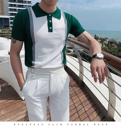 sanyamk Summer Top Quality Green White Color Contrast Knitted Polo Men Breathable Polo Short Sleeve Playera Polo Hombre Slim Men Polo