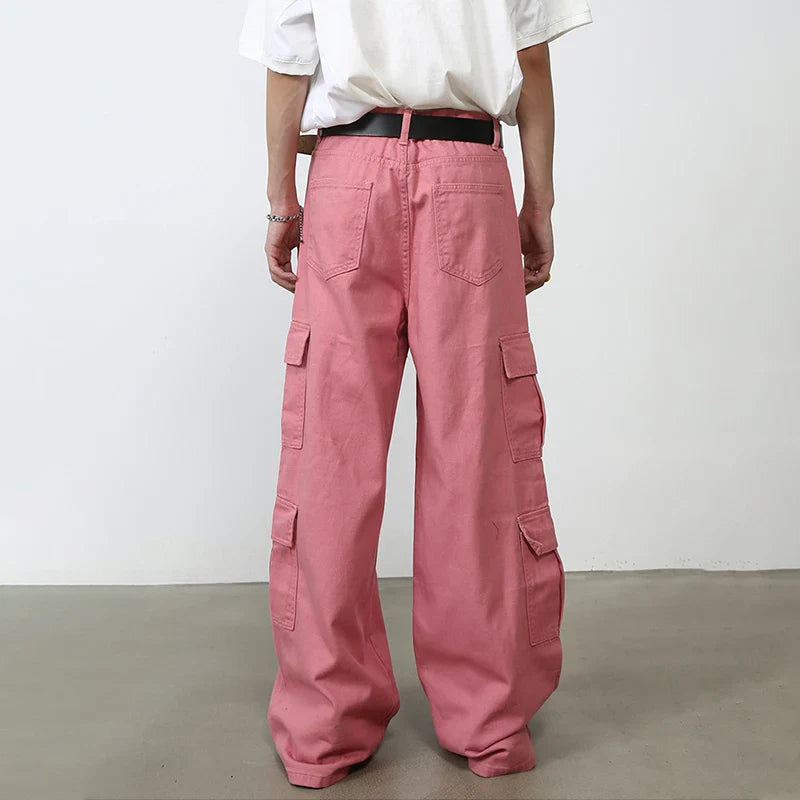 sanyamk Pink Cargo Jeans Pants Men Oversize Wide Leg Denim Trousers Male Loose Casual Japanese Streetwear Hip Hop Pocket