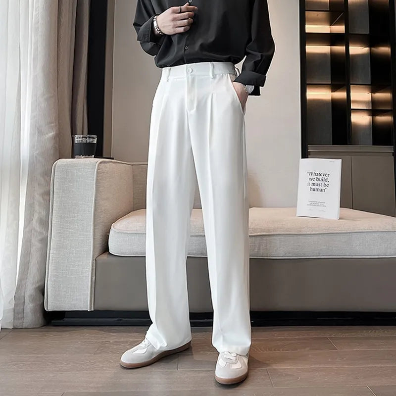 sanyamk Summer Men Thin Casual Suit Pants Long Straight Drape Silky Wide Loose Trousers Male Elastic Waist Oversize Clothes Black White