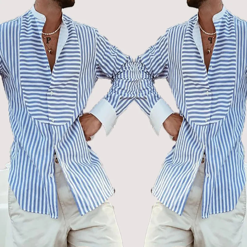 sanyamk Mens Loose Shirts Irregular Stripe Stitching Long Sleeve Stand Collar  Leisure Shirt Spring Casual Cardigan Tops Men Clothing