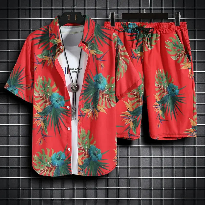 sanyamk Summer New Men Beach Clothes 2 Piece Set Quick Dry Hawaiian Shirt Shorts Set Men Fashion Clothing Printing Casual Male Outfits