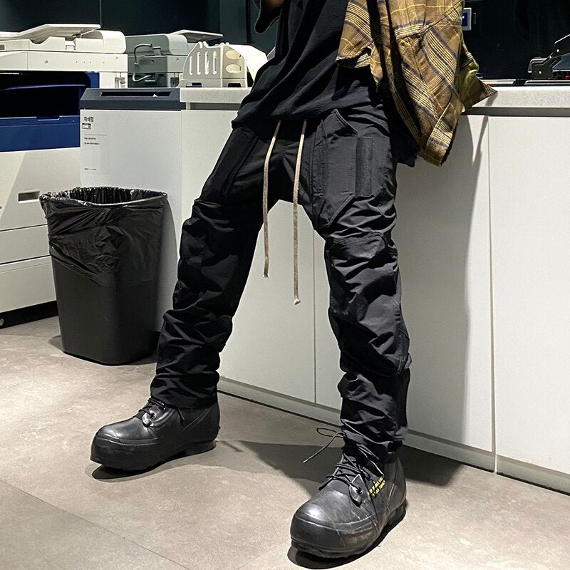 sanyamk High Street Vibe Style Drawstring Black Casual Trousers Retro Straight Oversized Pockets Harajuku Hip Hop Mens Track Pants