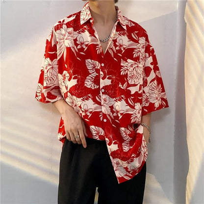 sanyamk Summer Printing Short Sleeve Shirt Men Fashion Society Mens Dress Shirt Korean Loose Ice Silk Shirts Mens Hawaiian Shirt