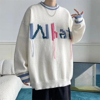 Bonsir Black White Mens Sweaters Funny Letter Long Sleeve Casual Jumper Loose Knitted Pullovers Overisze Hip Hop Streetwear Clothing