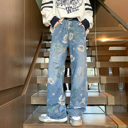 sanyamk 2024 Mens Fashion Floral Printed Jeans Korean Style Autumn Denim Pants High Street Loose Trousers Hip Hop Wide-leg Jean Pants