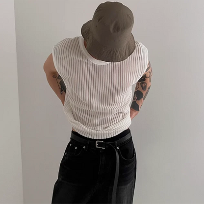 sanyamk  Out Solid Knitted Shirt Men's Sexy Tank Top Summer Loose Knit Vest Korean O Neck Sleeveless Tees See Through Undershirts