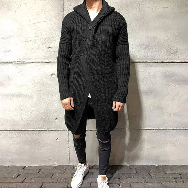 Bonsir Men Button-up Long Sweater Overcoat Mens Winter Fall Long Sleeve Knit Hooded Cardigans Coat Fashion Solid Long Knitted Jackets