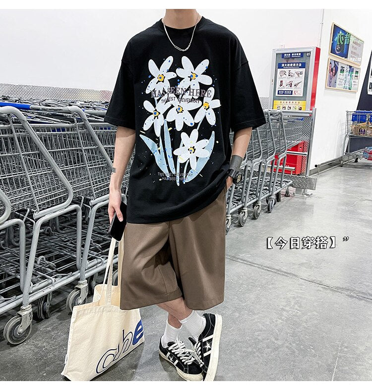 Bonsir Letter Flowers Print Summer Men Clothing Fashion Casual Harajuku Short Sleeve Tshirt XL 2XL Oversized Teenagers Streetwear