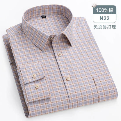 sanyamk Quality 100%Pure Cotton Men Long Sleeve Social Shirt for Oxford Shirt Men Plaid Striped Work Casual Shirt Male Regular-Fit S-8XL