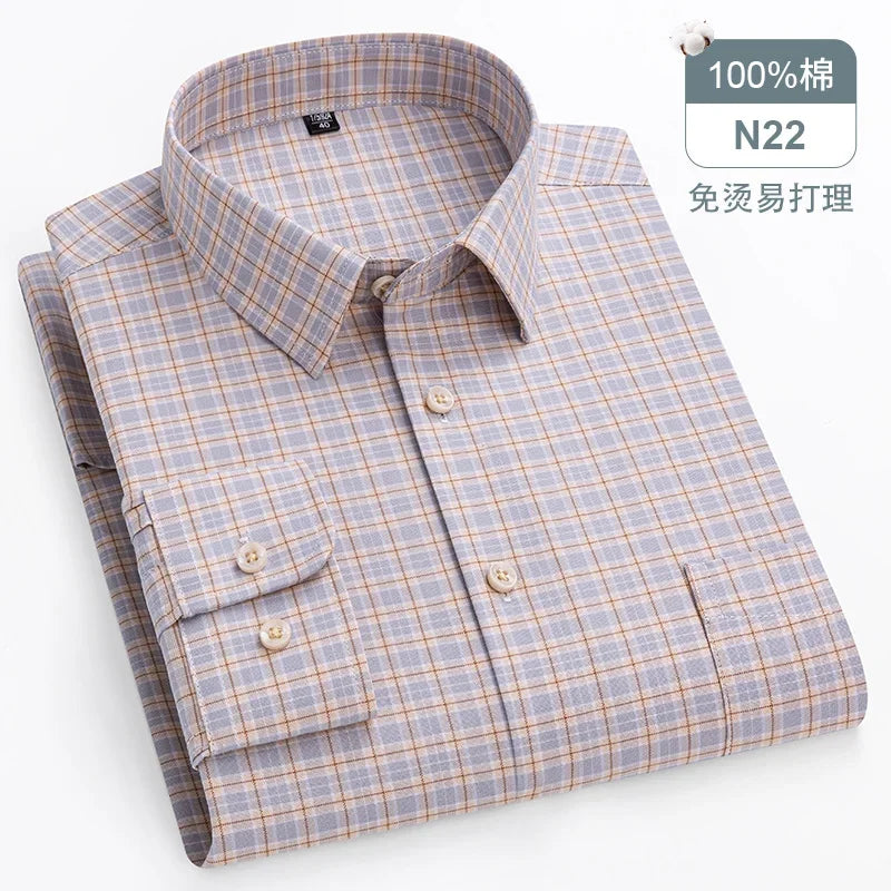 sanyamk Quality 100%Pure Cotton Men Long Sleeve Social Shirt for Oxford Shirt Men Plaid Striped Work Casual Shirt Male Regular-Fit S-8XL