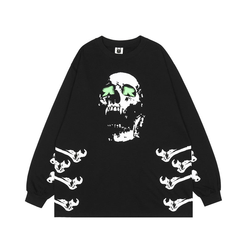 Bonsir Men's Hi Street Oversized Hip Hop T Shirt Skull Printed Streetwear Long Sleeve Tees Skeleton Tops Loose Fit O Neck