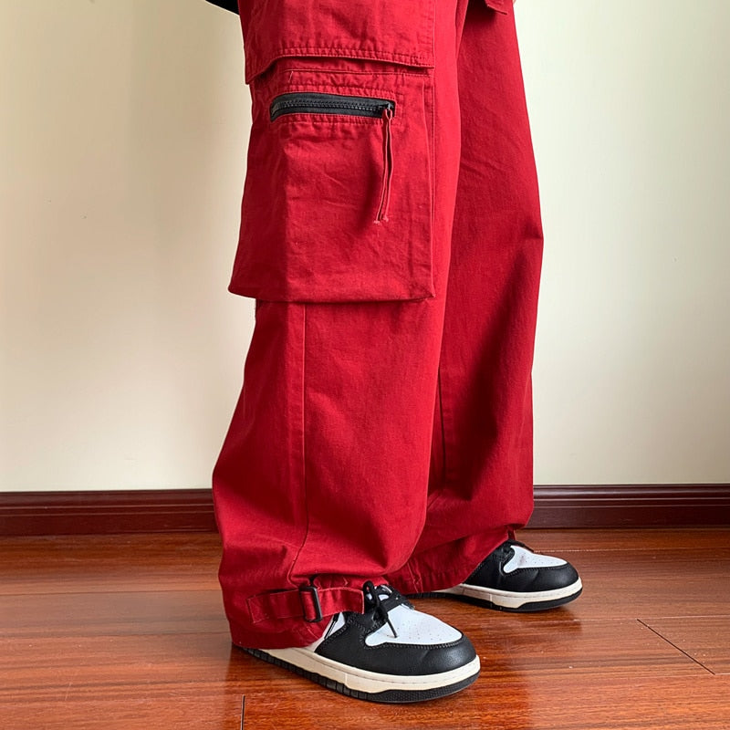 Bonsir Red Black Cotton Cargo Pants Men Fashion Pocket Casual Pants Men Japanese Streetwear Hip Hop Loose Straight Pants Mens Trousers