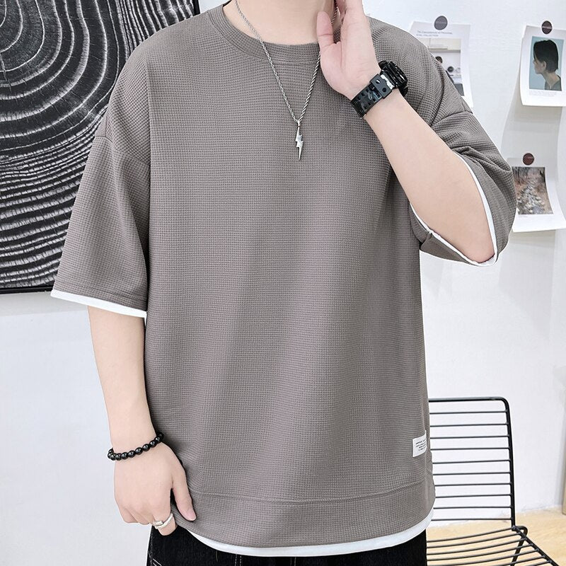 sanyamk Casual Men's Waffle Short-Sleeved T-Shirt Men's 2022 Summer New Simple Loose T-Shirt Fashion Round Neck Quick-Drying Men's Top