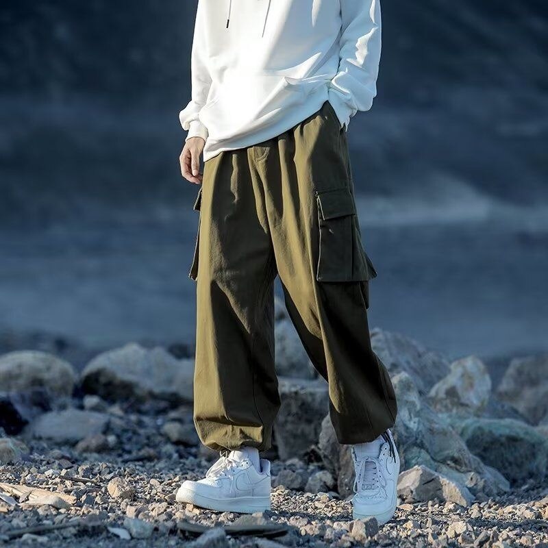 sanyamk  Green Black Cargo Pants Men Fashion Retro Pocket Casual Pants Men Japanese Streetwear Hip Hop Loose Straight Pants Mens Trousers