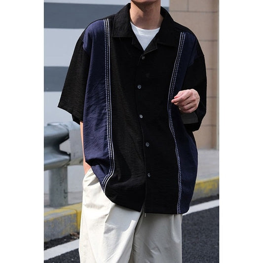 sanyamk Japanese Fashion Summer Niche Design Loose Patchwork Vintage Tshirt Men Contrast Color Cuban Collar Short sleeve Shirt Men