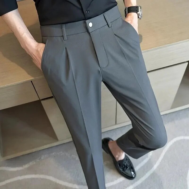 sanyamk British Style Summer New Solid Suit Pants Men Formal Slim Fit Business Elastic Casual High Quality Social Dress