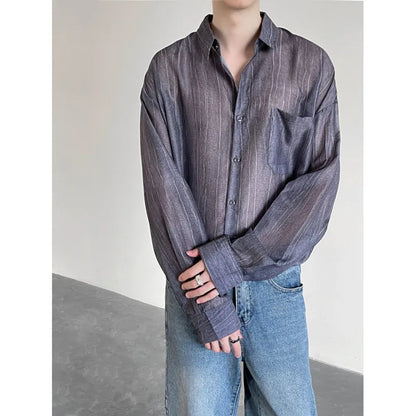 sanyamk Spring Summer Ice Silk Striped Shirts Men Korean Fashion Simple Long Sleeve Turn Down Collar Blouse Casual Loose Thin Tops