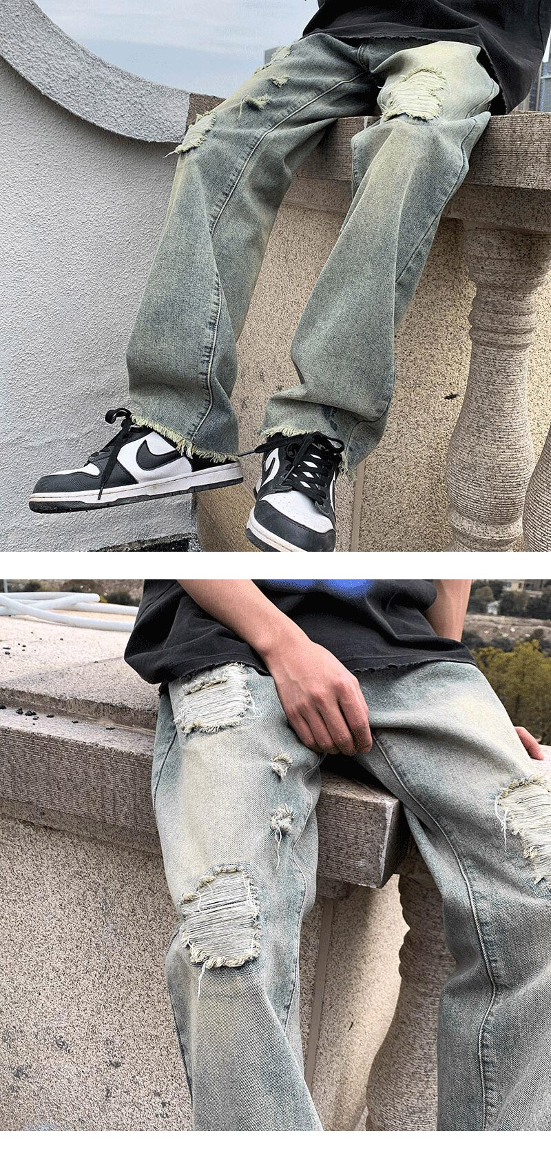 Bonsir Blue green Ripped Vintage Man's Distressed Jeans Streetwear Hole Hip Hop Jean Pants Summer Fashion Straight Denim Trousers