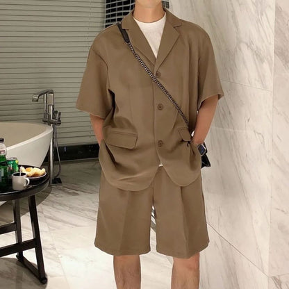 sanyamk New Genderless Solid Color Casual Suit LGBT Mens Trendy High-quality Suit Collar Design Short-sleeved Shirt Shorts Two-piece Set