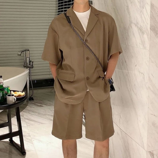 sanyamk New Genderless Solid Color Casual Suit LGBT Mens Trendy High-quality Suit Collar Design Short-sleeved Shirt Shorts Two-piece Set