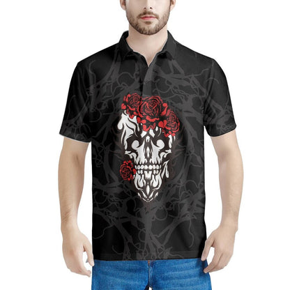 sanyamk Gothic Rose Pattern 2022 Summer Casual Polo Shirt Men Short Sleeve Turn Down Collar Slim Fit Holiday Beach Party Eye-catching